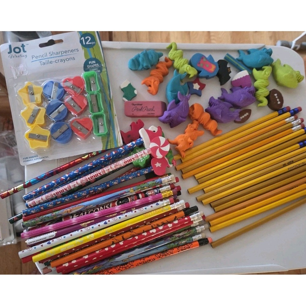 Lg lot of pencils Holiday Football Pokémon + Plain + Erasers + Sharpeners